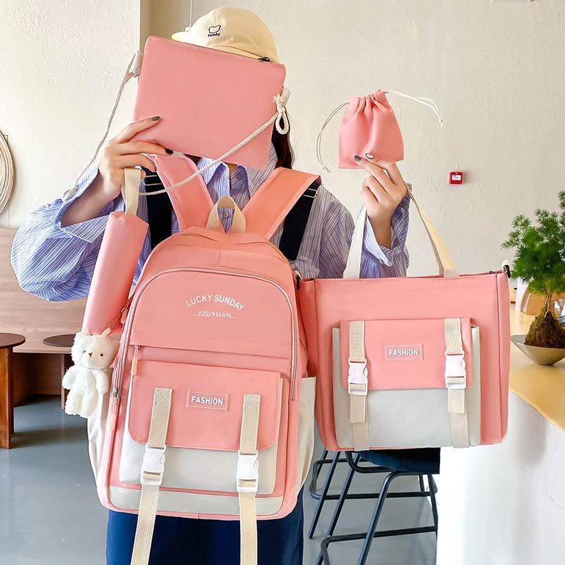 5-piece Canvas Backpack Set Large Capacity Stylish School Bag Including Backpack, Tote Bag, Pencil Case, Accessory Bag and Square Shoulder Bag