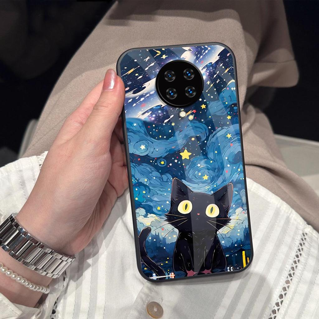 Case for Xiaomi POCO F2 Pro Anime Black Cat Starry Cloud Print Phone Cover Acrylic Hard Back Shell With Flexible TPU Edge