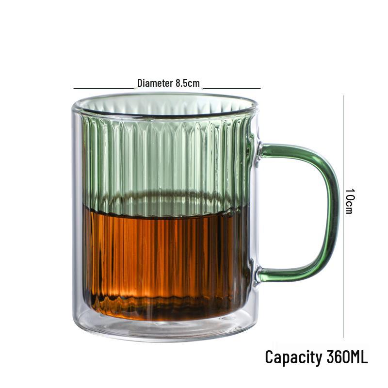Double-Layer Vertical Stripe Glass Cup with Large Handle for Home, Office, or Coffee Shop Use