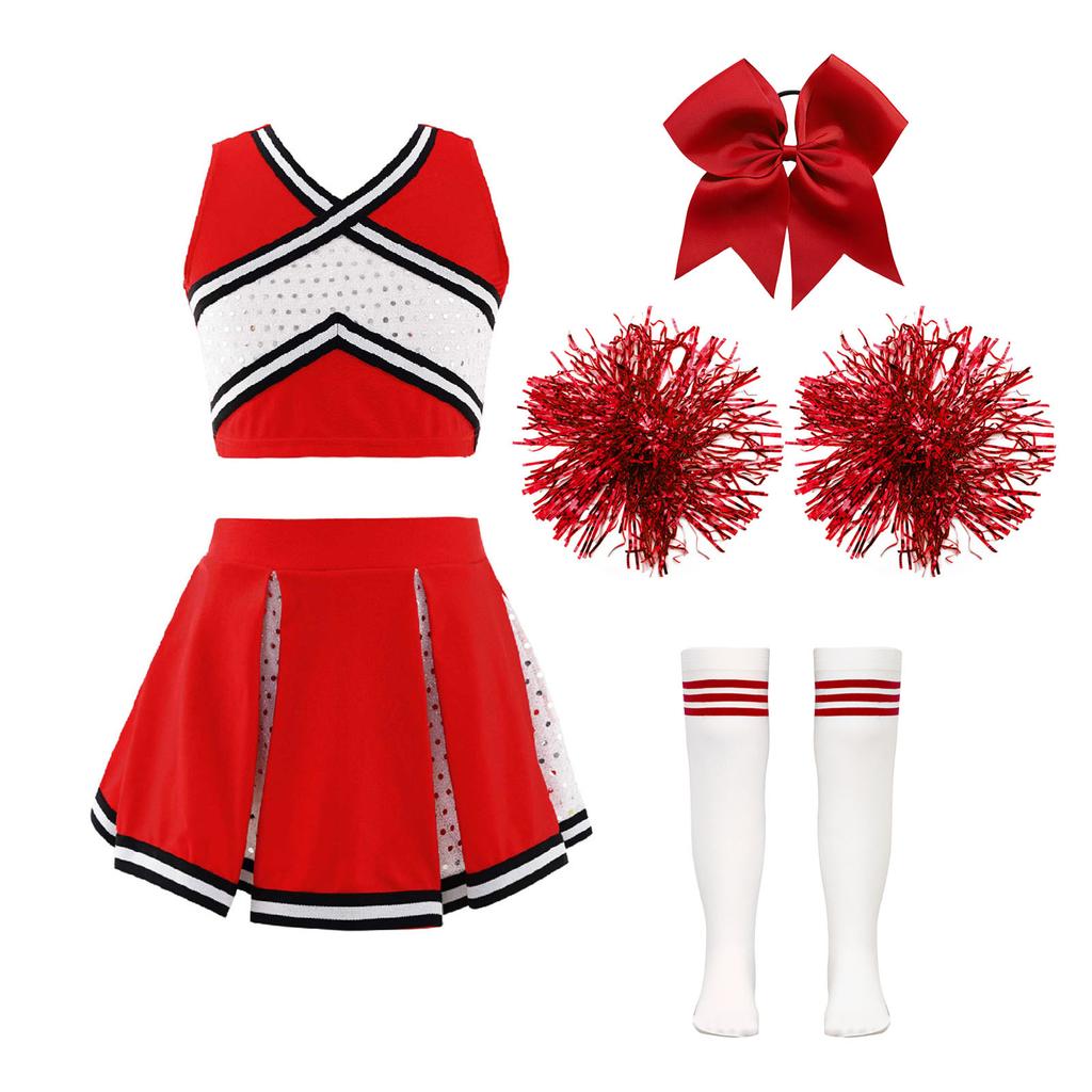 Set Cheerleader Scintillante per Bambine Top Corto a V a Righe Incrociate Gonna Pieghettata e Fiocco