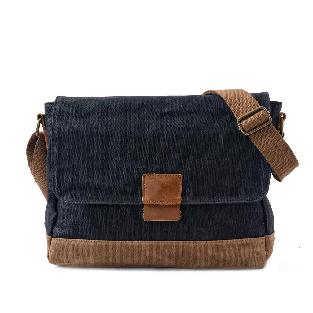Waxed Canvas Patchwork Crossbody Bag - Top Grain Cowhide, Waterproof, Retro, Casual Men's Shoulder Bag