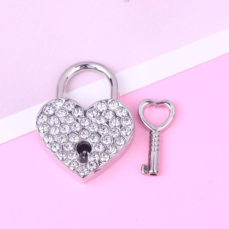 New Metal Love Wish Lock Keyed Padlocks Diamonds Heart Shaped Lock For Jewelry Box Small Wooden Box