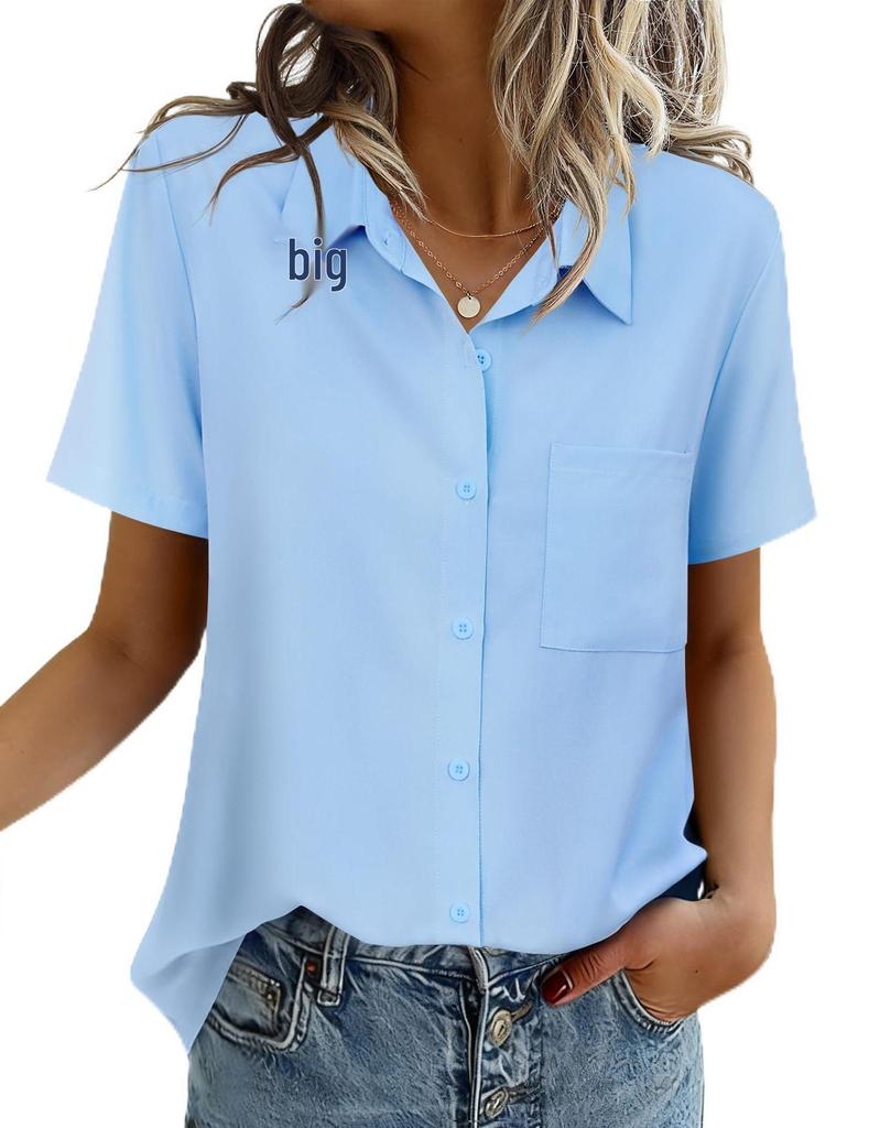 Chemise Boutonnée Manches Courtes Couleur Unie pour Femme - Haut Business Casual/Formel pour le Travail, Collection Printemps/Été 2026