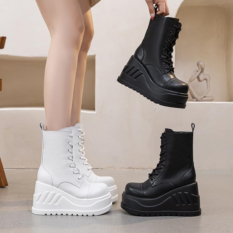 Martin boots women's platform mid-tube short boots 2025 autumn and winter new leather boots solid color simple side zipper fashion shoes