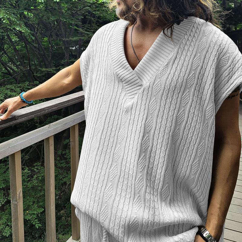 Gilet a maglia grossa da uomo, tinta unita, scollo a V, senza maniche, vestibilità larga