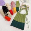 Foldable Shopping Bag Reusable Accordion Grocery Tote Color Block Pleated Shoulder Bag for Grocery