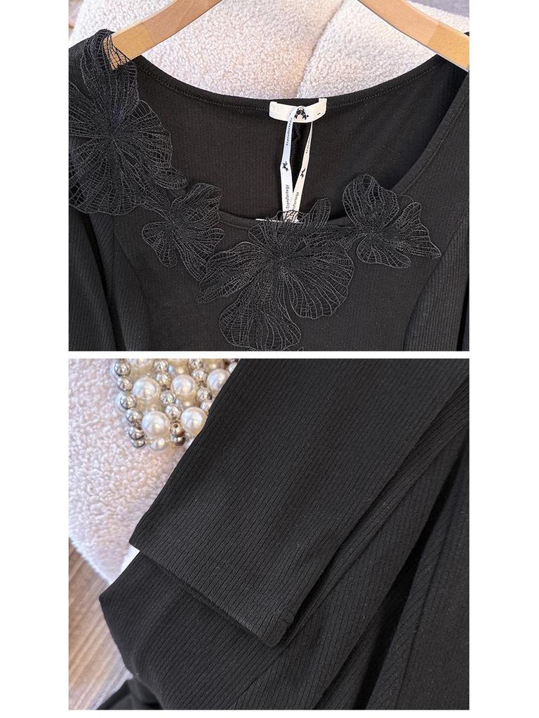 Plus Size Elegant Knit Dress for Women (130-300 Jin) - Embroidered Inlay with Large Hem, Perfect for Spring and Autumn