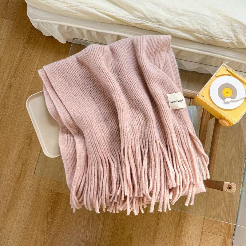 Women Girls Elegant Scarf Winter Thicken Warm Solid Color Knitted Long Tassel Scarves Soft Cotton Thickened Shawl Wraps Women