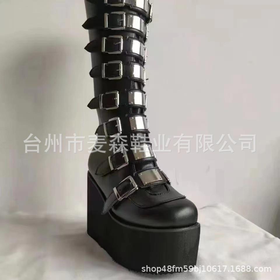 Buckle-up platform boots gothic wedge heels high boots female punk babes knight boots