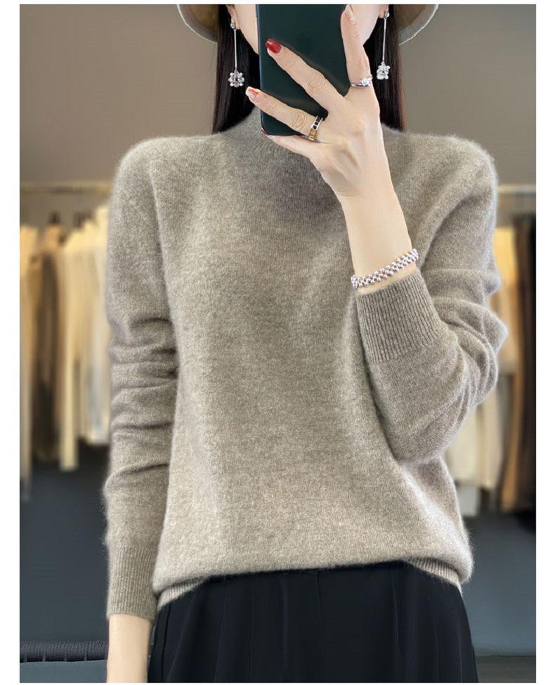 Women's Half-High Neck Wool Sweater Pullover - Loose Fit, Autumn/Winter Knitwear