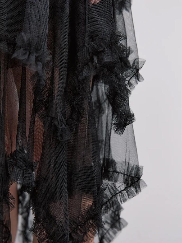 Damen Schwarzer Mesh-Rock Mode Unregelmäßiger Midirock Elegant Rüschen Y2k Stil Kleidung Elastischer Bund