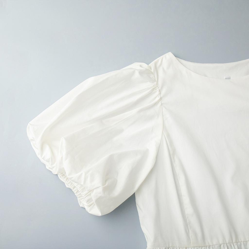 Robe à col rond et manches bouffantes 100% coton pour femme, Robe décontractée ample unie pour le printemps et l'été, Style européen américain