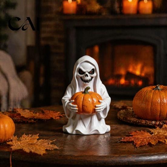 Indoor Halloween Fireplace Decor White Ghost Pumpkin Resin Statue, Spooky Holding Mini Small Decoration Figurine for Garden Yard Tabletop Mantel Home