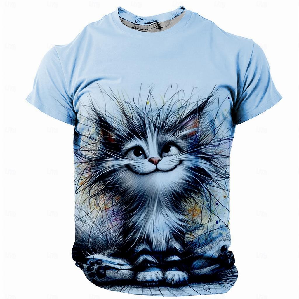Men's Smiling Cat Print T-Shirt Men's T-Shirt,3D Printing, O-neck ,Short Sleeve,Casual,Lightweight Top,sport Wear ,casual ,Large Size,Fashion