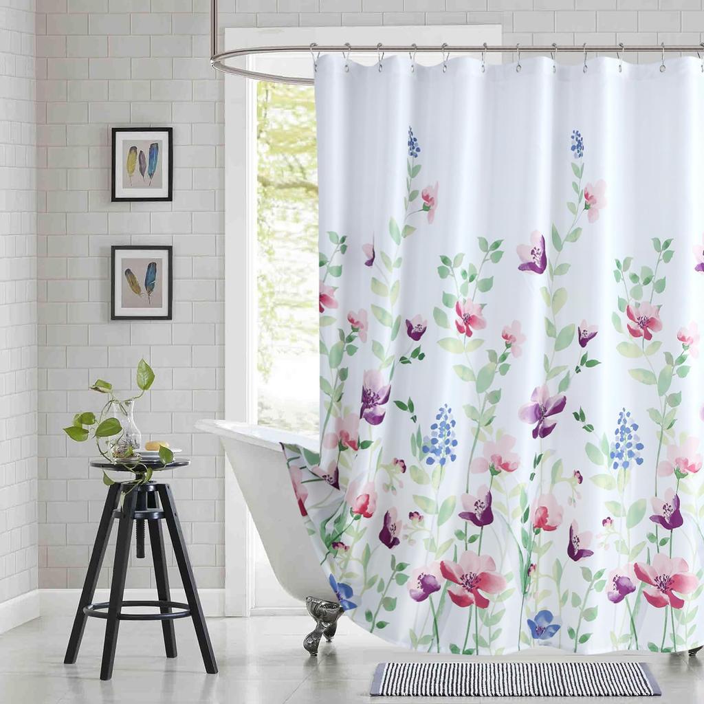Floral Pattern Fabric Shower Curtain, Beige Gray Plant Bathroom Shower Curtain, Waterproof Bathroom Shower Curtain Curtain