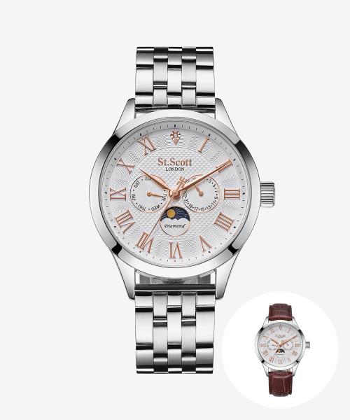 

[St. Scott London] St. Scott London Helios Diamond Sun & Moon Metal Watch Silver with Leather Band ST7502M-SSS ST7502M-SSS