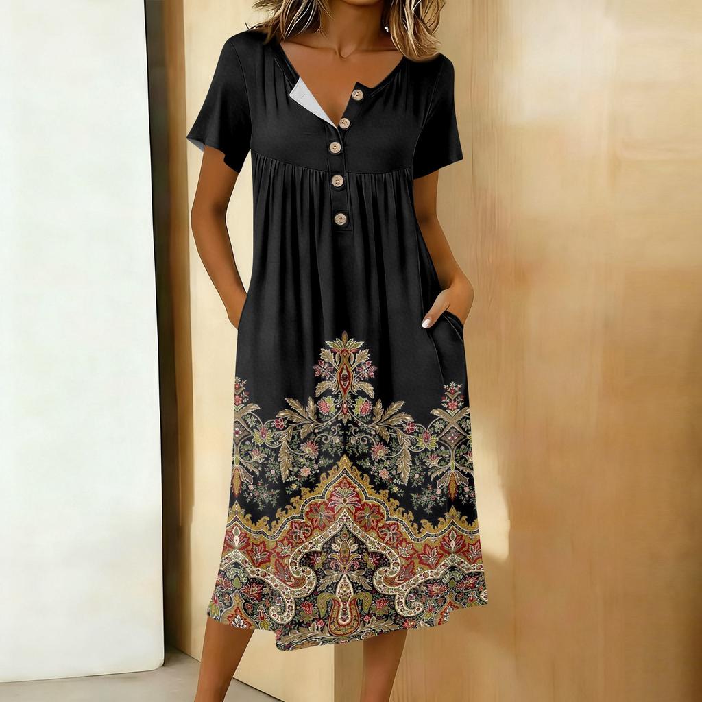 Modna damska sukienka retro z nadrukiem, okrągłym dekoltem, krótkim rękawem, zapięciem na guziki, o średniej długości, codzienna