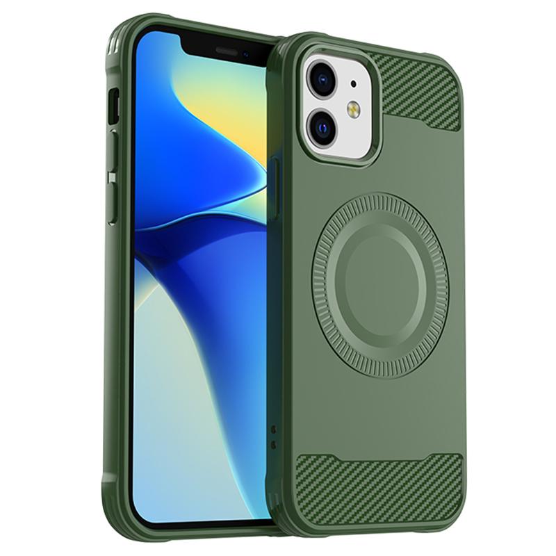 

For iPhone 12 TPU Case Carbon Fiber Texture Phone Case Compatible with MagSafe Green