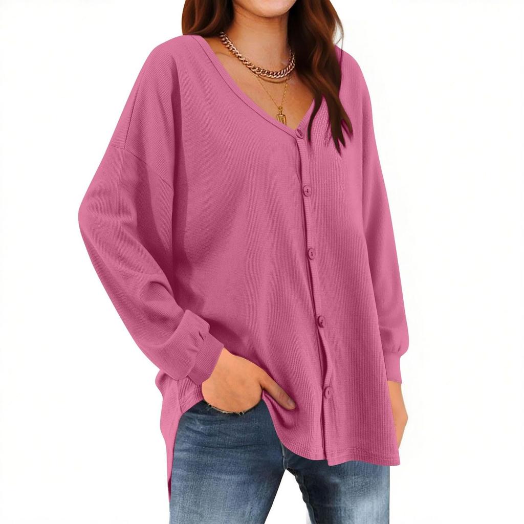 Fall Winter V Neck Long Sleeve Shirt Casual Loose Cardigan Button Down Tunic Tops Blouse