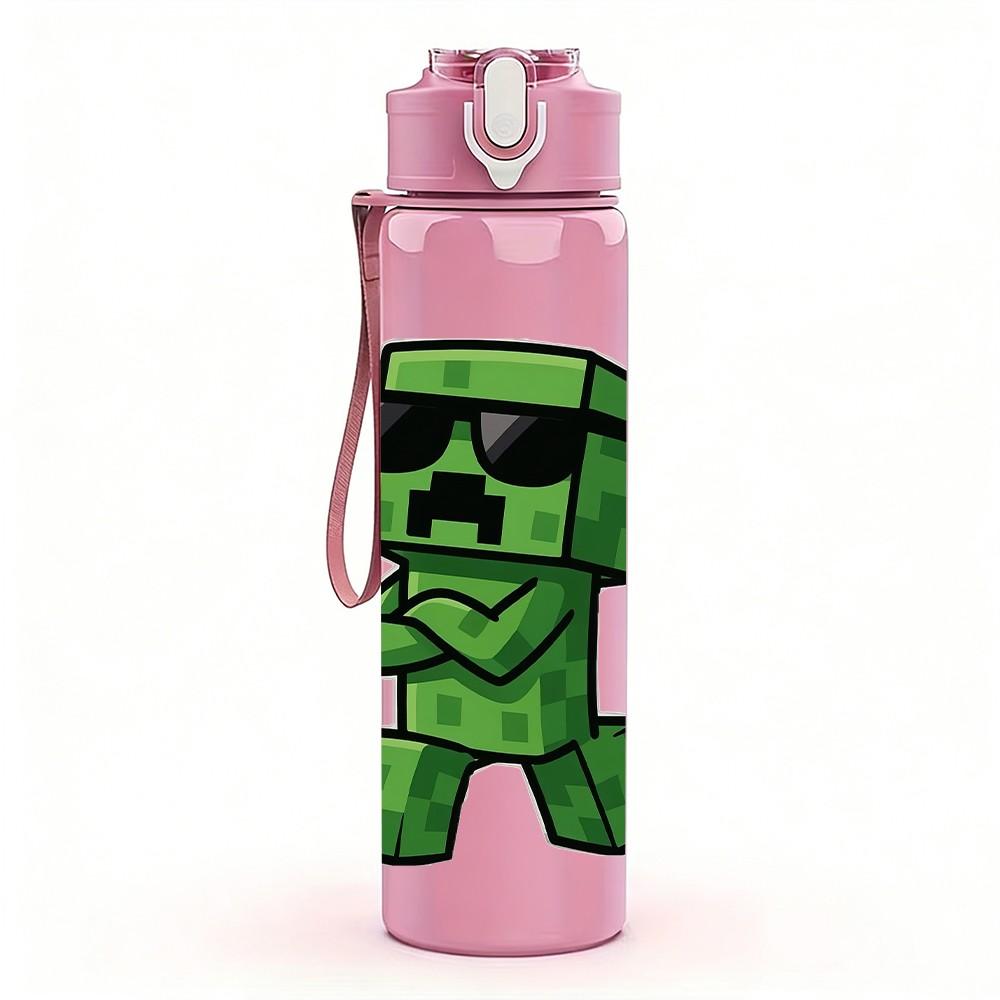 1PC Green Pixel Game Creature 750ml Color Plastic Sports Water Bottle Leakproof Flip Straw Lid For Sports Office Home Use