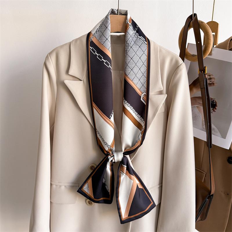 New temperament double-layer scarf streamer strap bag decoration suit scarf small long headband silk scarf women's printing narrow