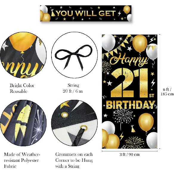 Happy 21st Birthday Decorations for Him & Her – Black and Gold 21st Birthday Banner Backdrop, Yard Sign, Photo Props, Door Background Party Décor