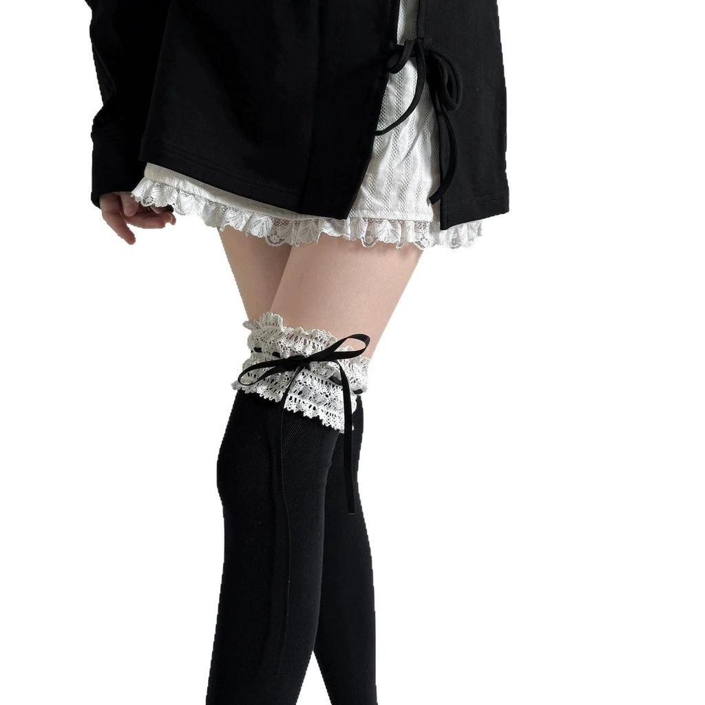 Reine Baumwolle Lolita Breite Spitze Schleife Socken - Frühling Wadenlang Süßer Wunsch Stil
