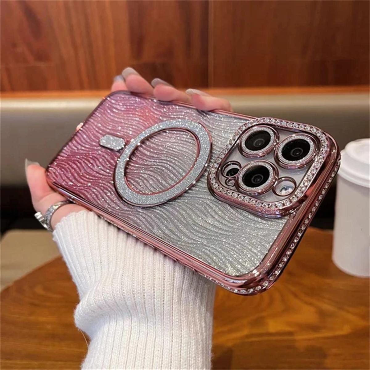 

Роскошный чехол для телефона Magsafe с глянцевым покрытием Flash Rhinestone Glitter для iPhone 11 12 13 14 15 16 Pro Max, бампер для 16 15 14 Plus iPhone 13 розовый
