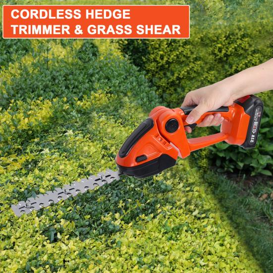 Cordless Electric Hedge Trimmer, 2-in-1 Handheld Grass Shears with 2 Batteries and Charger
