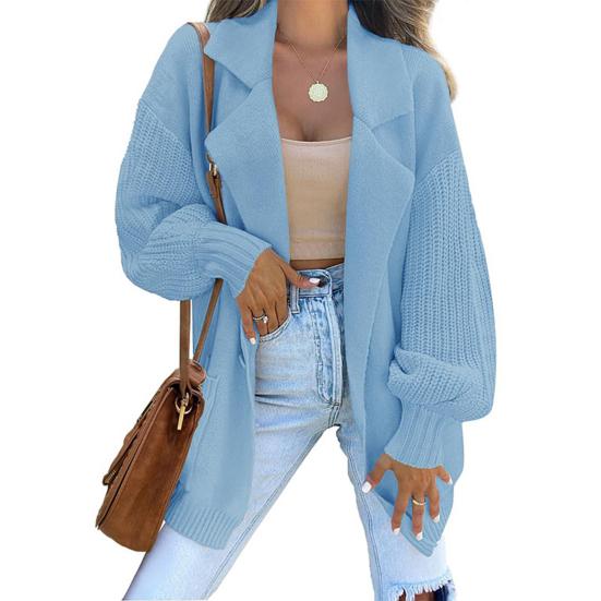 Women Suit Coat Suit Lapel Long Sleeve Solid Color Knitting Coat with Pockets Loose Fit Single Button Sweater Coat