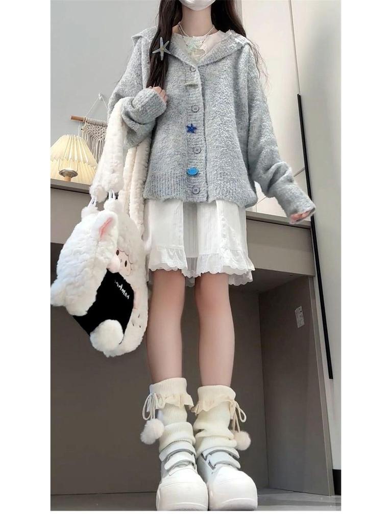 Women's Gray Knitted Hooded Cardigan - New Spring/Autumn Petite High-End Sweater Coat