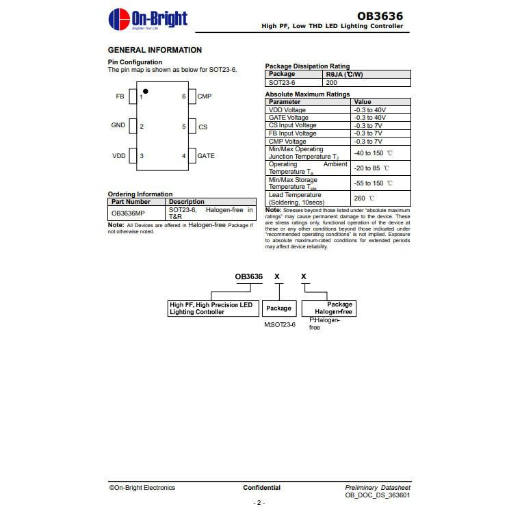 OB3636MP SOT-23-6 Flyback Controller Chip