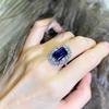 Women's Minimalist Adjustable Ring: Luxurious Open Design with Full Diamond and Sapphire-Inlaid Square, Designer-Style