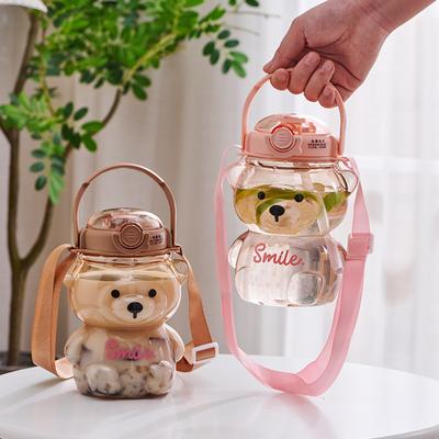1 Liter Wasserflasche Cartoon Bär Plastikwasserbecher mit Strohhalm Niedlicher Trinkbecher Tragbarer Becher Kinder Kawaii Riemen Wasserkocher