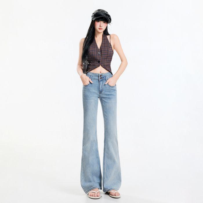Spring Summer Double Button Waistband Micro Flare Elegant Stretch Casual Denim Pants For Women Casual Pants Oversize Denim Trousers