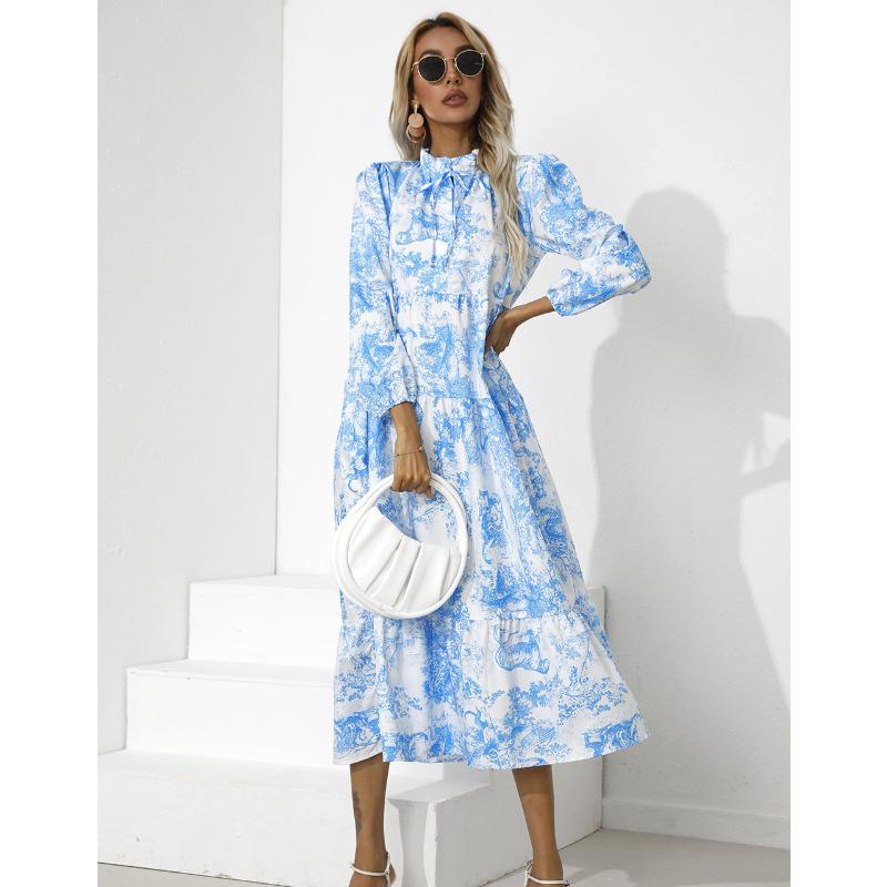Women's Crew Neck Printed Loose Nine-Sleeve Dress