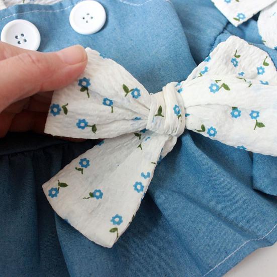 Summer Denim Pet Dress with Bow Button Flower Design Soft Dog Cat Halter Dress for Yorkies Pomeranians Shih Tzus Maltese And Poodles