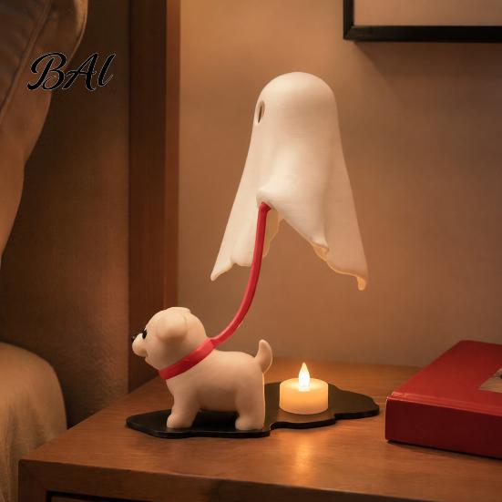 Whimsical Room Accessories Halloween Ghost Walking Dog Figurine, Cute Spooky Statue with LED Candle, 3D Printed Tabletop Ornament for Holiday