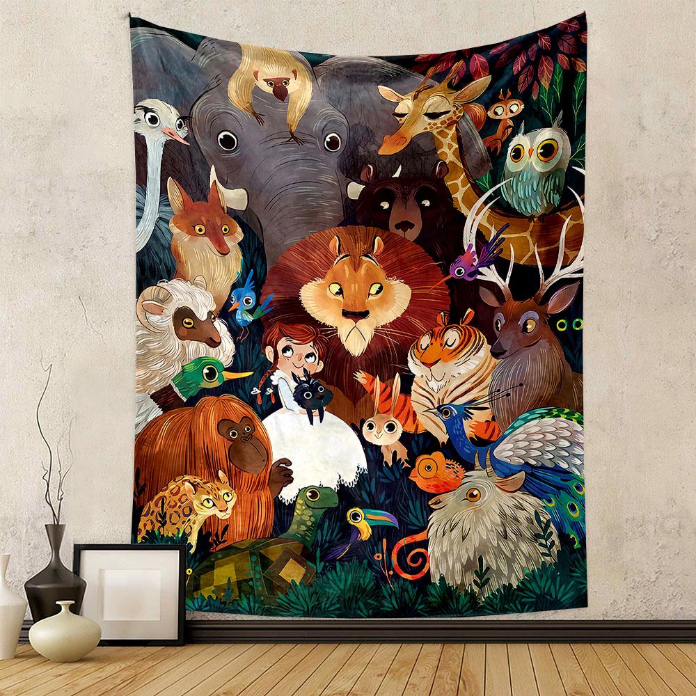 "Whimsical Jungle Animal Gathering" Patterned tapestry home decor, suitable for bedroom and living room, gift