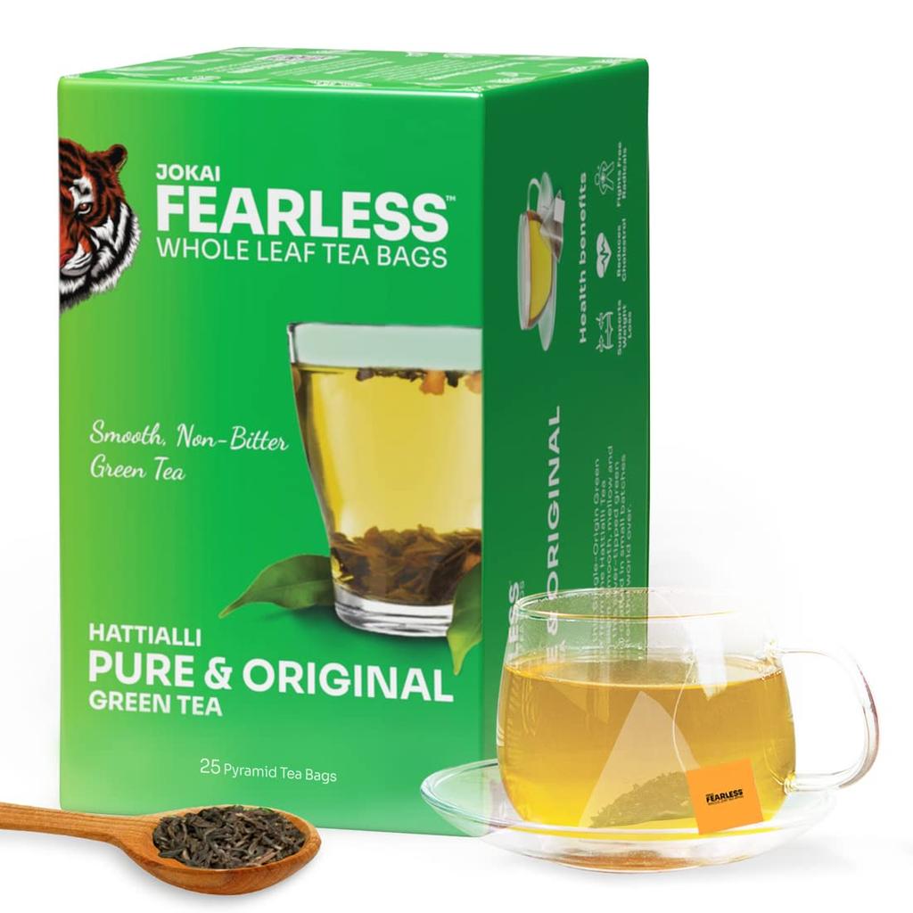 Fearless Pure & Original Green Tea Bags 25 pcs | 100% Whole Leaves | Latest Safe Pyramid Tea Bags | Can Be Brewed Twice | Natural & Organic Flavo