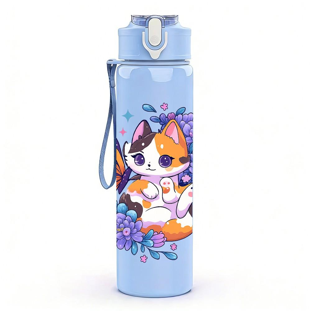 1PC Butterfly Kitten Art 750ml Color Plastic Sports Water Bottle Leakproof Flip Straw Lid Suitable for Sports Office Home Use