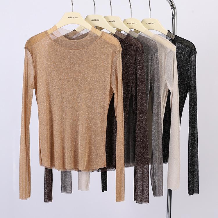 Feiyuan Women's Semi-Sheer Long-Sleeve Top, Solid Color, Versatile Sexy Base Layer, Tummy Concealer, Spring 2026 Arrival