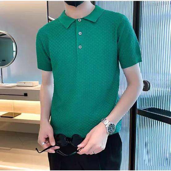 Pineapple Pattern High-Density Stretch Knit Summer Men's Solid Color Plaid Polo Short Sleeve T-Shirt