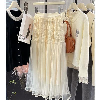 Xinbangbang Women's A-line Umbrella Mesh Skirt - Spring/Summer Fashion Mid-length Apricot Skirt