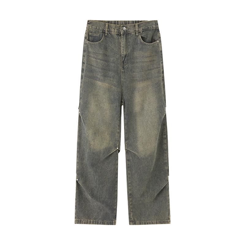 Yadu Unisex Retro Hong Kong Style Washed Denim Pants - Loose Straight Leg Casual Pants