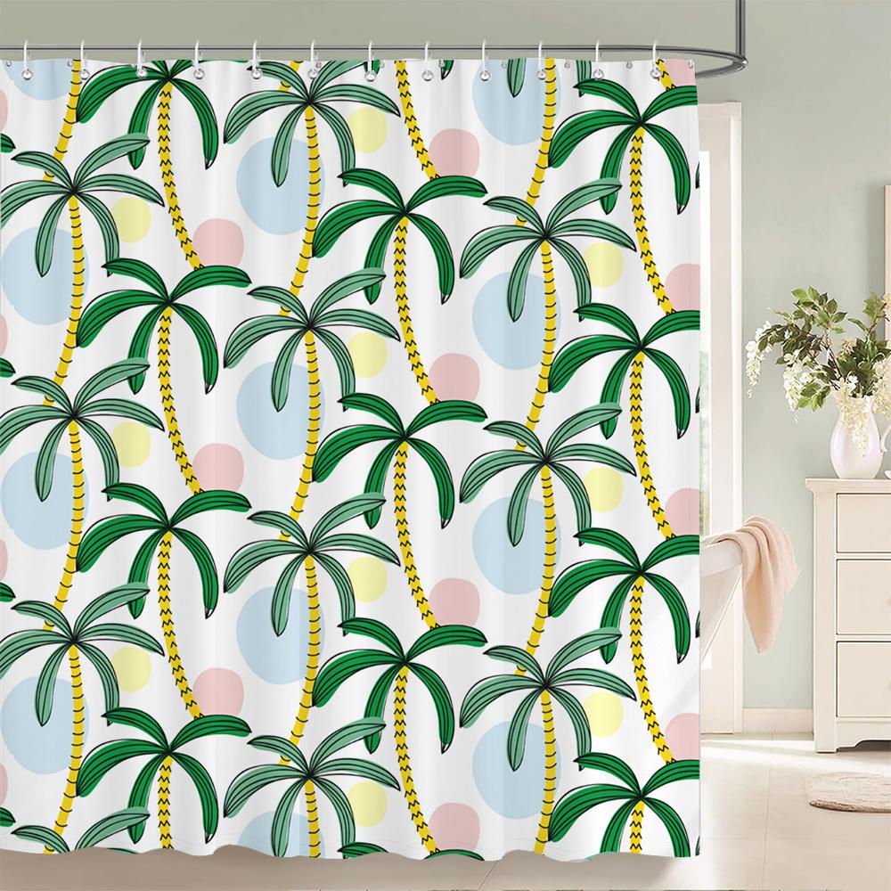 1 pack of Green leaf plant pattern polyester shower curtain bathroom partition curtain with hooks home decorative curtain
