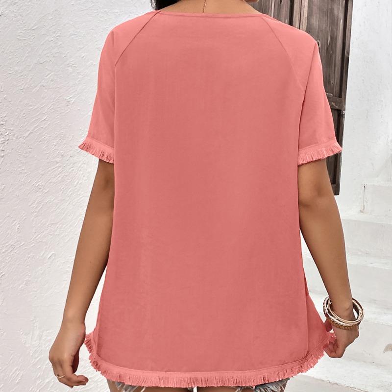 Summer Women's Round Neck Tassel Patchwork Loose Casual T-Shirts Short Sleeve Solid Top