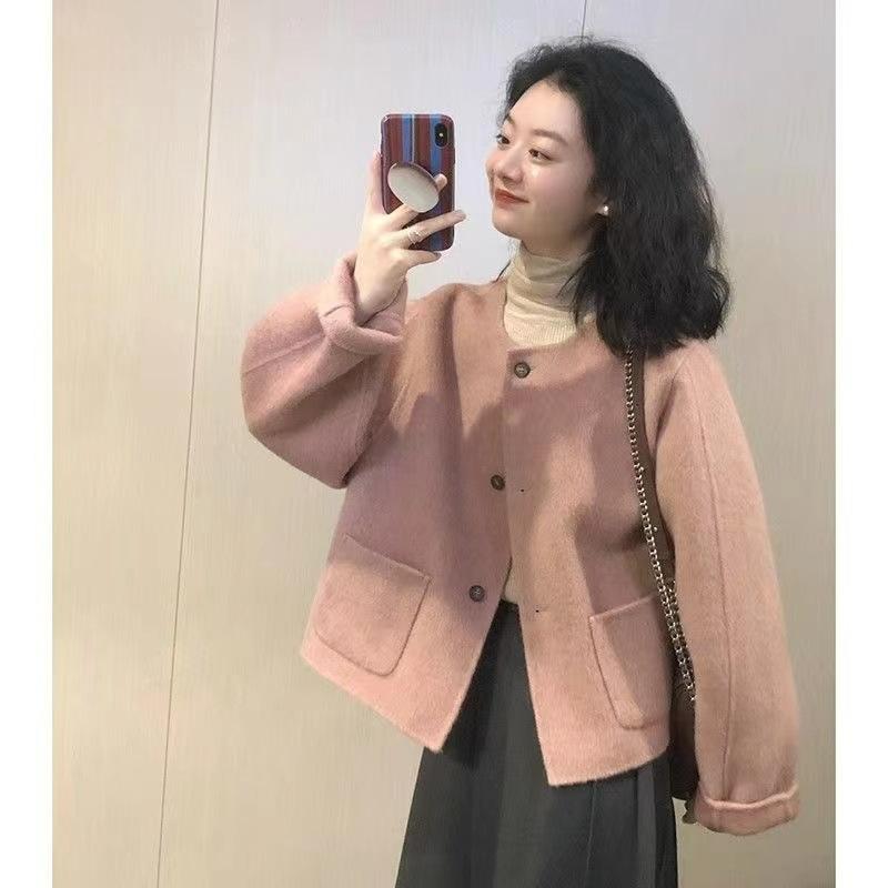 Women Autumn Winter Warm Woolen Blend Short Style Long-sleeved Casual Button Coat O-neck Solid Loose Female Fashion Jacket