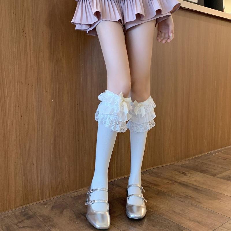 Elegant Tiered Lace Ruffle Calf Socks Cute Bowknot Wing Princess Anklet Frilly Trim Dress Socks for Women and Girls