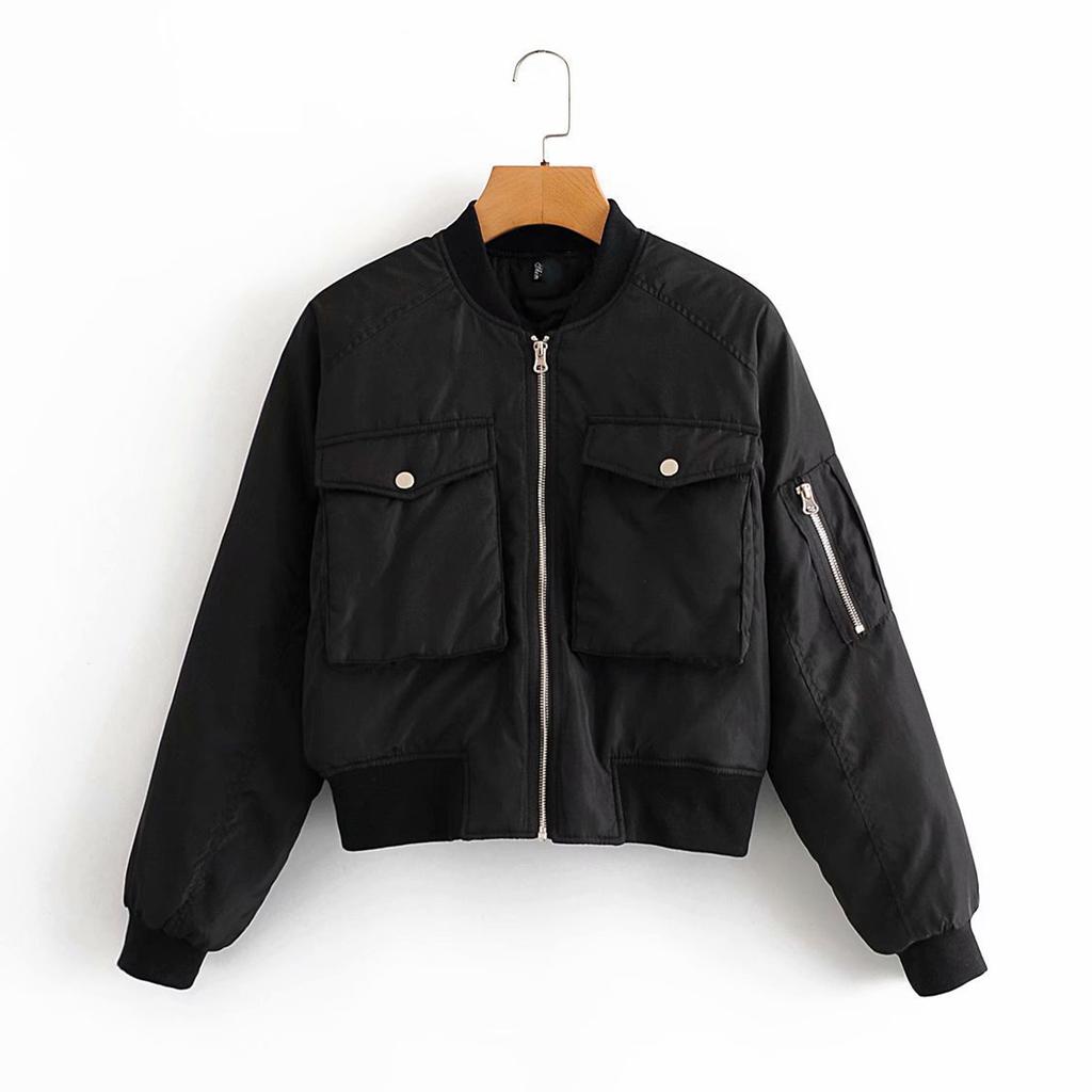 Ladies' Solid Color Fashionable Large Pocket Long Sleeved Zipper Casual Top  Jacket Jacket